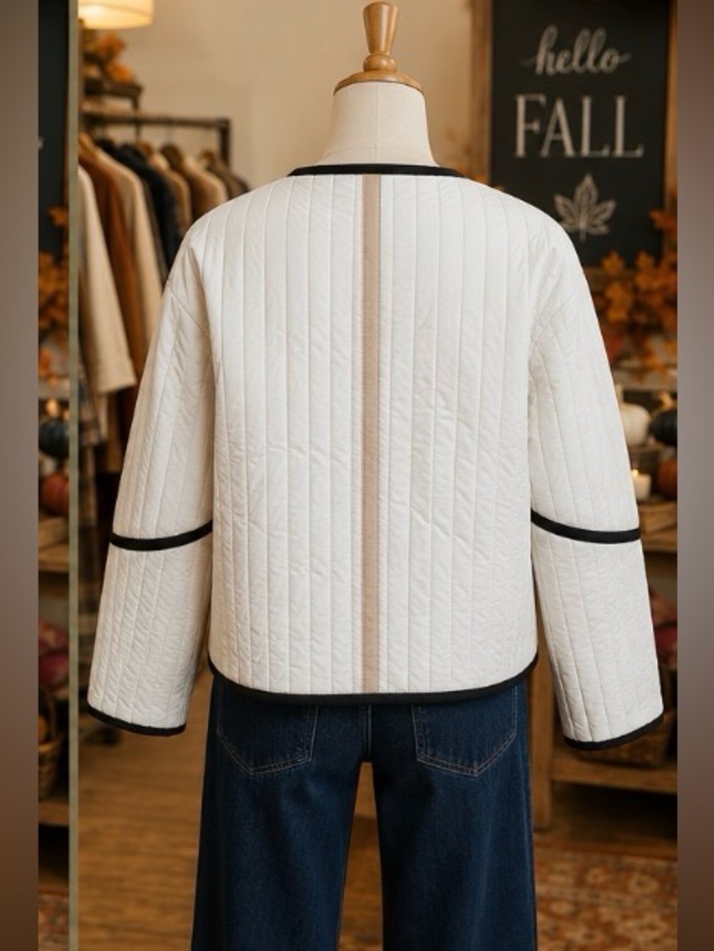 Classic Quilted Ivory Jacket with Black Trim - Picture 3 of 3